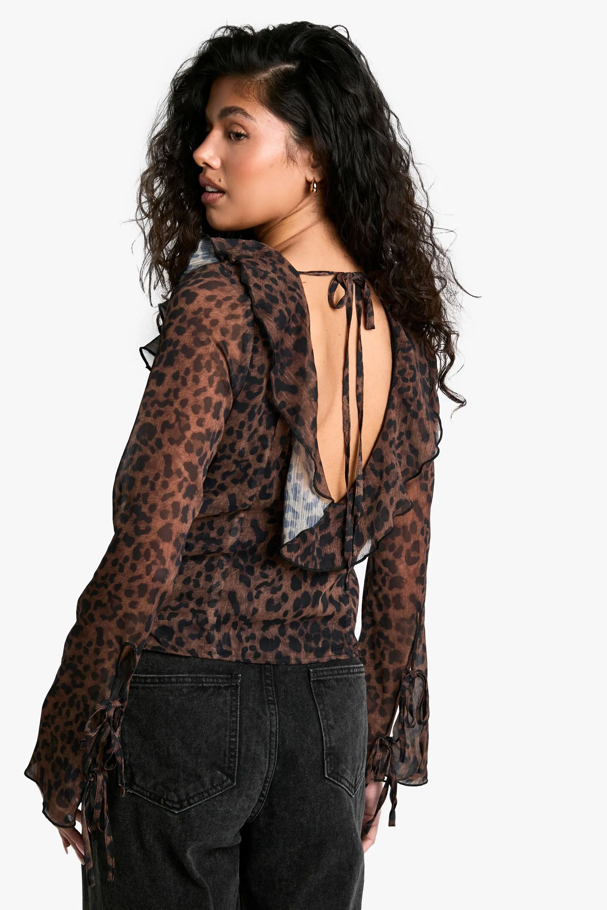 Chiffon Leopard Ruffle Tie Front Blouse