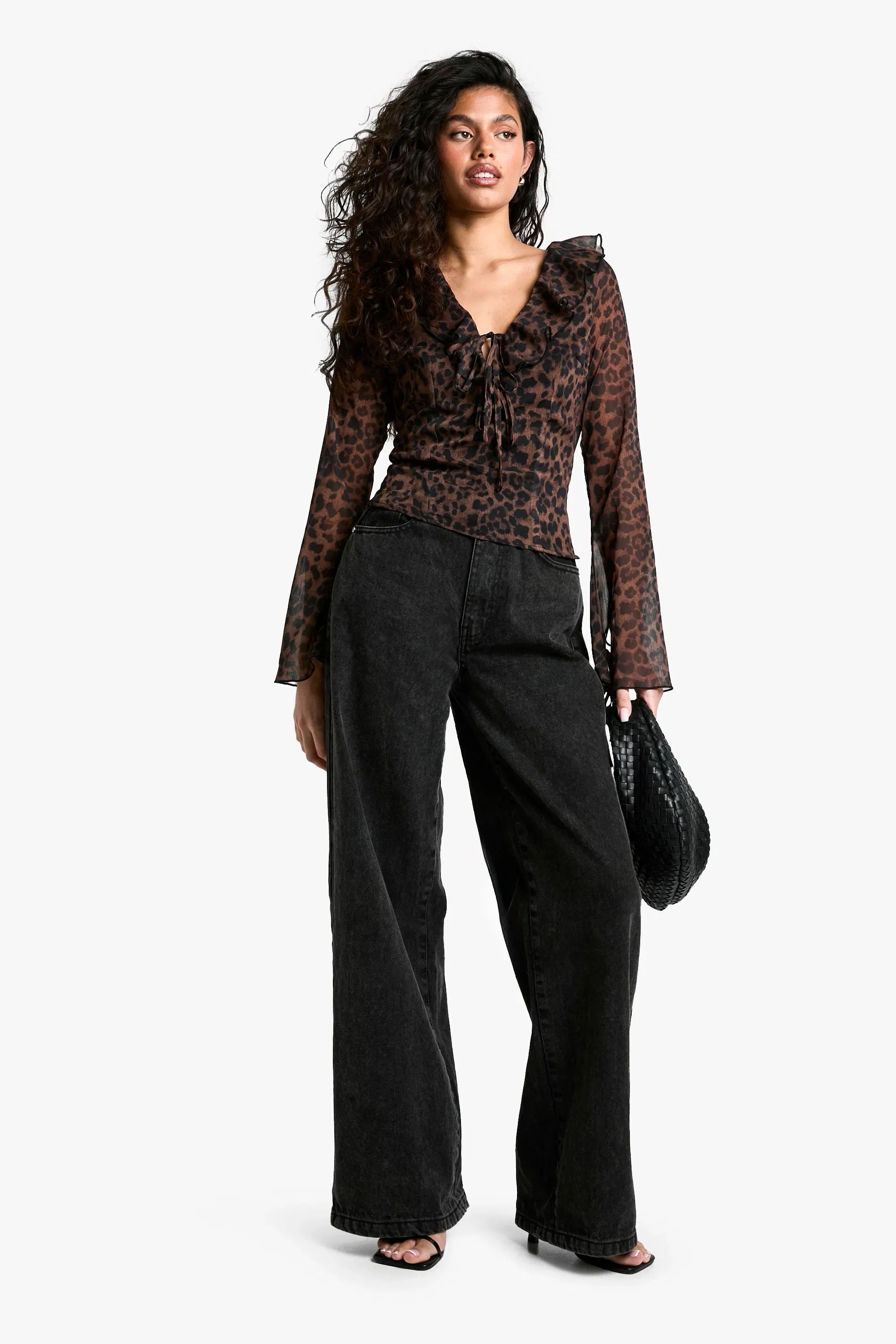 Chiffon Leopard Ruffle Tie Front Blouse