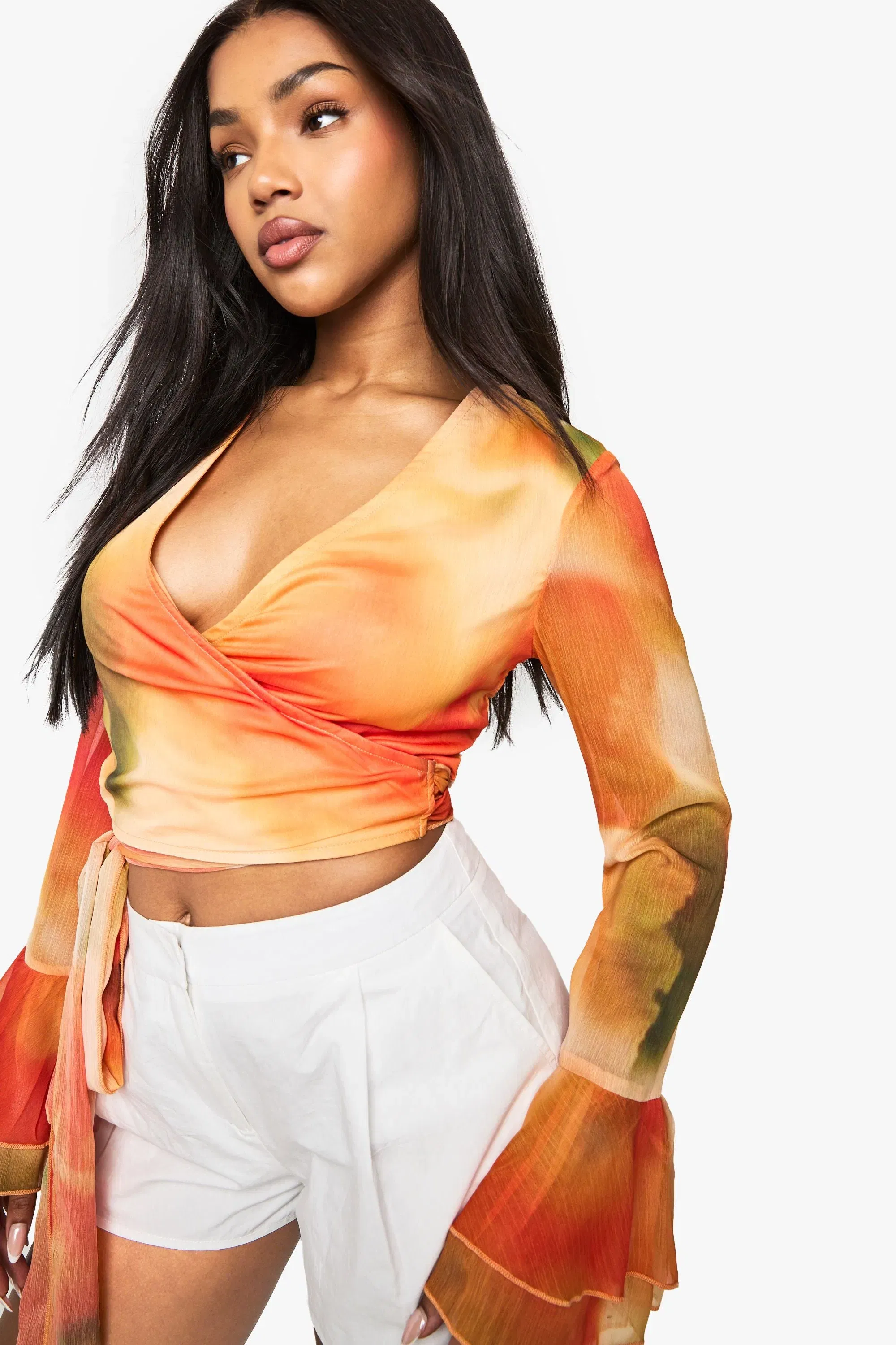 Abstract Chiffon Tie Front Flare Sleeve Blouse