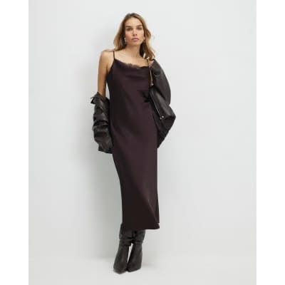 Brown Satin Cowl Neck Lace Trim Midi Dress