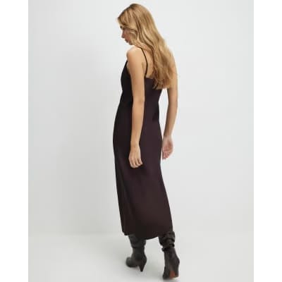 Brown Satin Cowl Neck Lace Trim Midi Dress