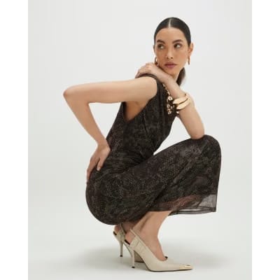 Grey Mesh Snake Print Sleeveless Maxi Dress