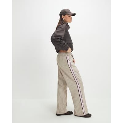 Beige Striped Tailored Wide Leg Joggers