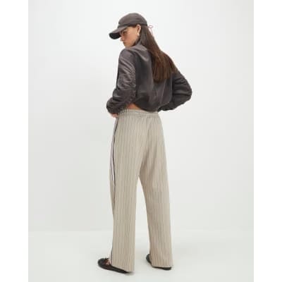 Beige Striped Tailored Wide Leg Joggers