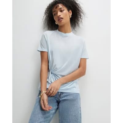 Blue Short Sleeve Burnout Twist Front T-shirt
