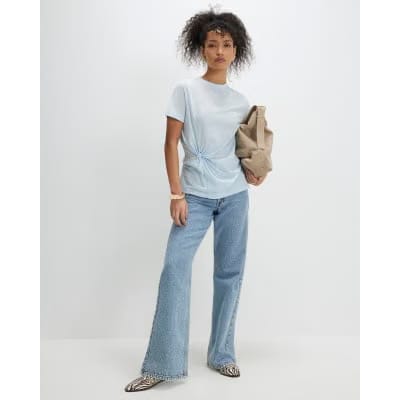 Blue Short Sleeve Burnout Twist Front T-shirt