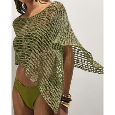 Green Open Knit Asymmetric Cape