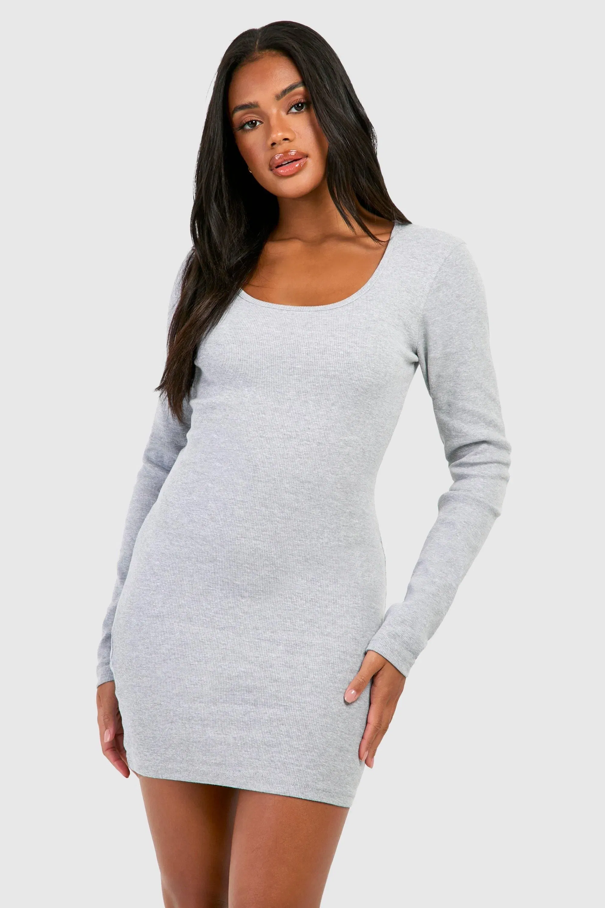 Scoop Neck Long Sleeve Rib Mini Dress