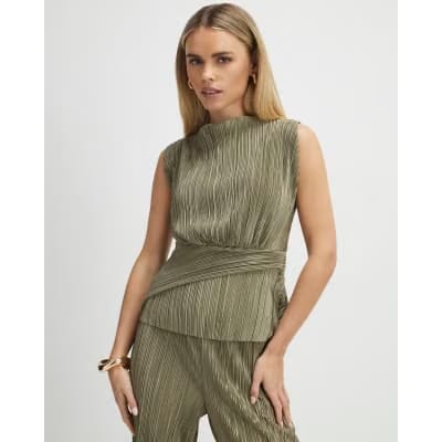 Petite Green Plisse Sleeveless Wrap Top