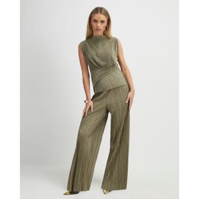 Petite Green Plisse Sleeveless Wrap Top