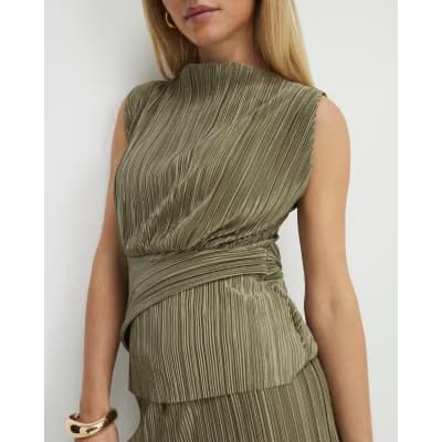 Petite Green Plisse Sleeveless Wrap Top