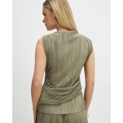 Petite Green Plisse Sleeveless Wrap Top