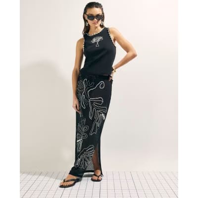 Black Palm Embroidered Sarong Skirt
