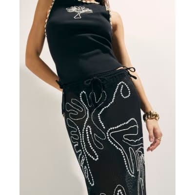 Black Palm Embroidered Sarong Skirt
