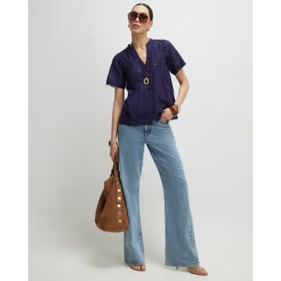 Navy Short Sleeve Lace Button Through Blouse