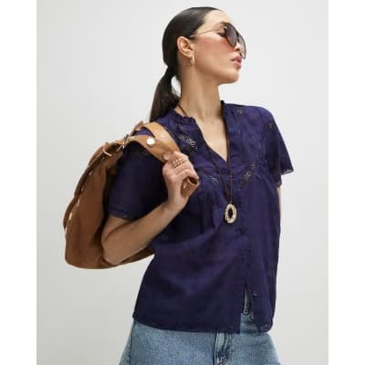Navy Short Sleeve Lace Button Through Blouse