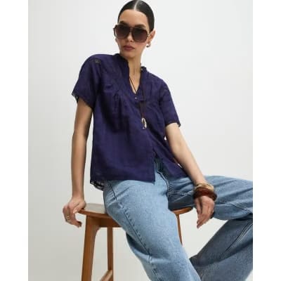 Navy Short Sleeve Lace Button Through Blouse