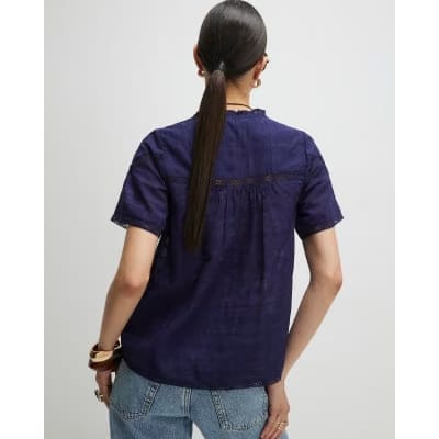 Navy Short Sleeve Lace Button Through Blouse
