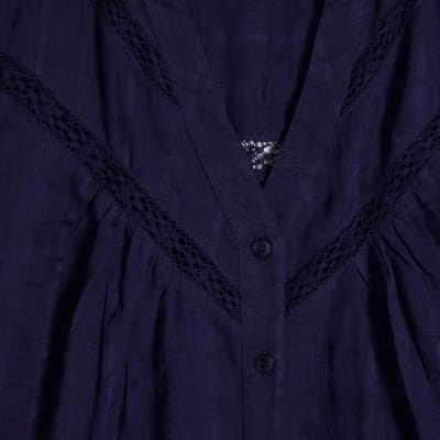 Navy Short Sleeve Lace Button Through Blouse