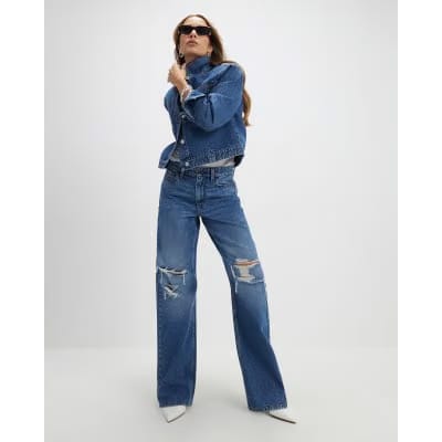 Blue Relaxed Straight Ripped Jeans