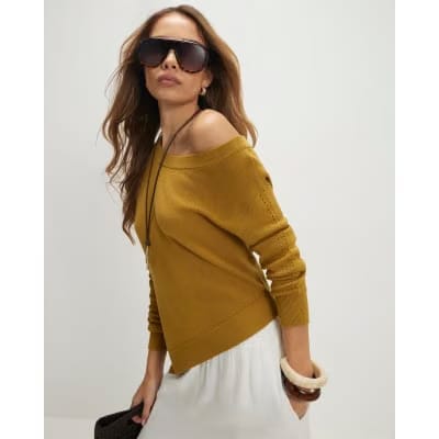 Khaki Linen Blend Knit Asymmetric Jumper