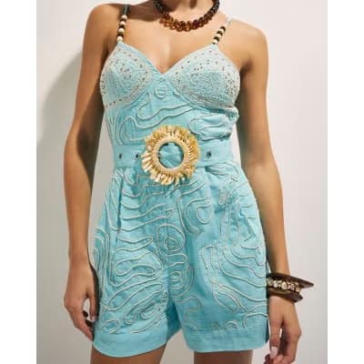 Blue Embroidered Playsuit