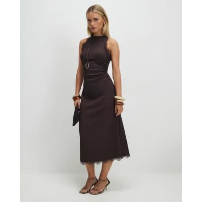 Petite Brown Lace Trim Textured Dress