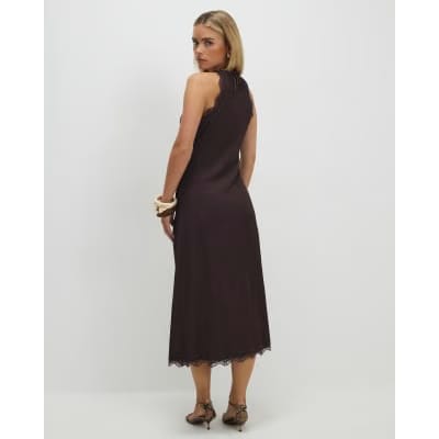 Petite Brown Lace Trim Textured Dress