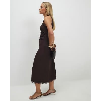 Petite Brown Lace Trim Textured Dress