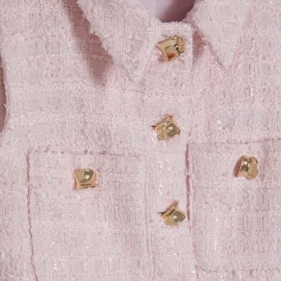 Pink Boucle Collared Sleeveless Waistcoat