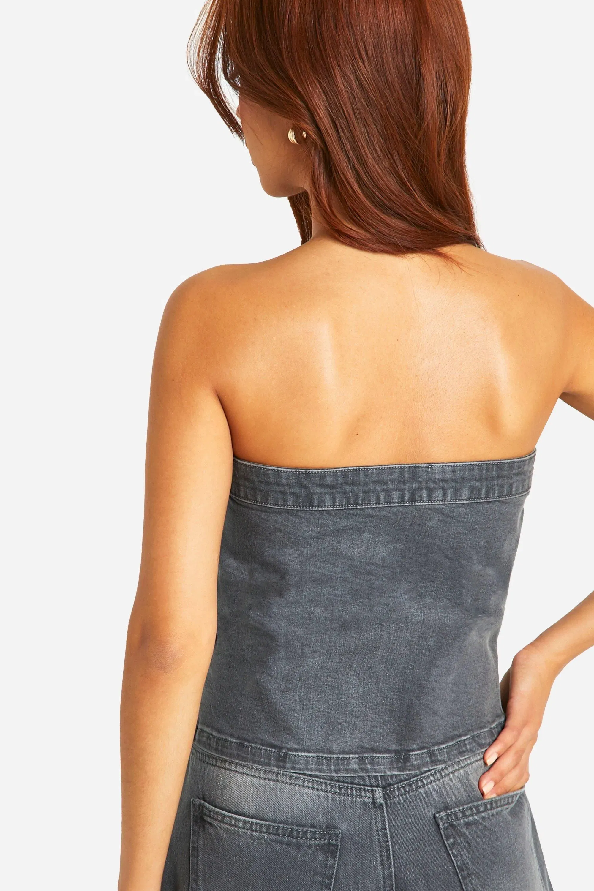 Washed Grey Stretch Denim Button Detail Bandeau Top