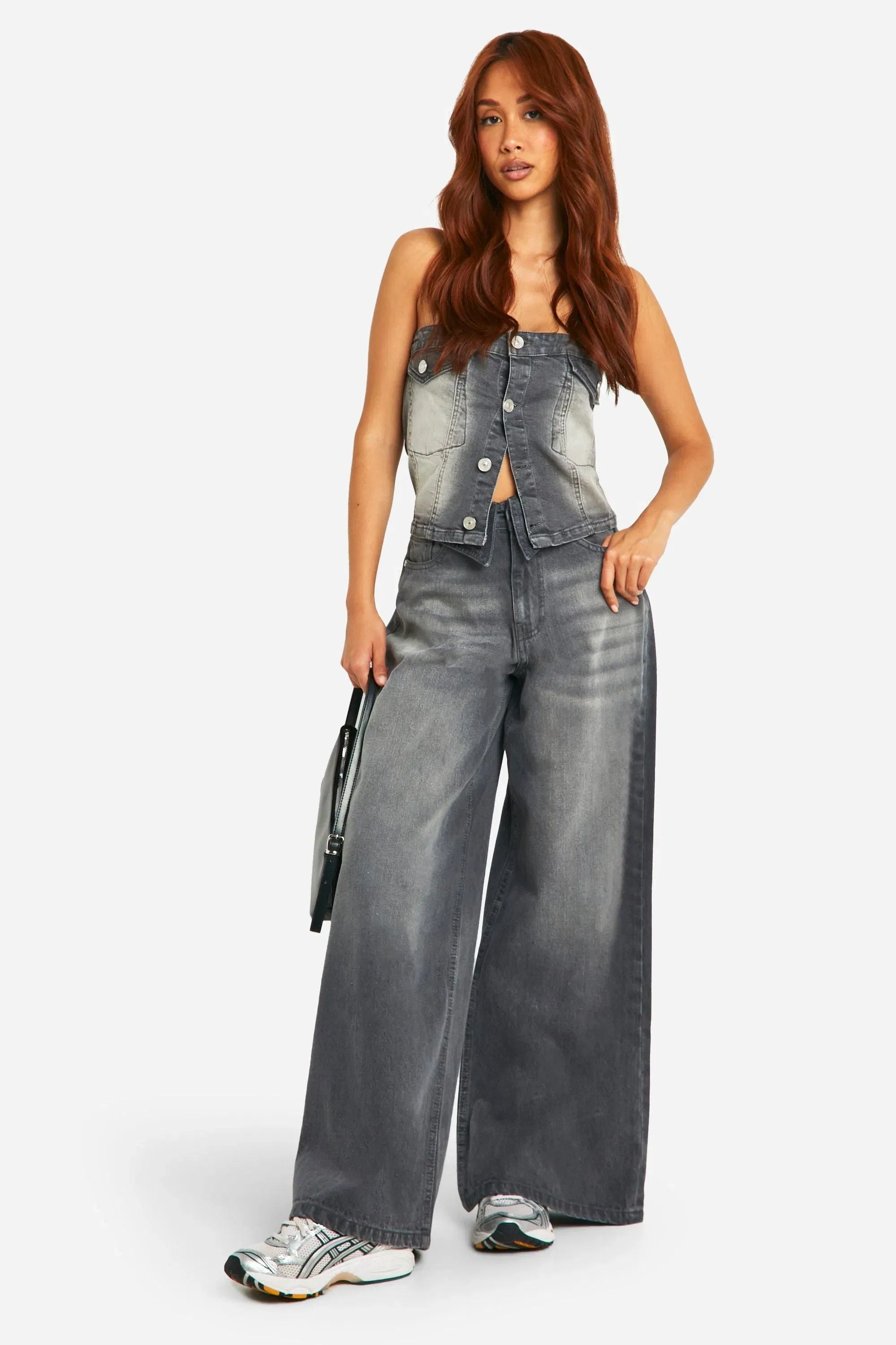 Washed Grey Stretch Denim Button Detail Bandeau Top