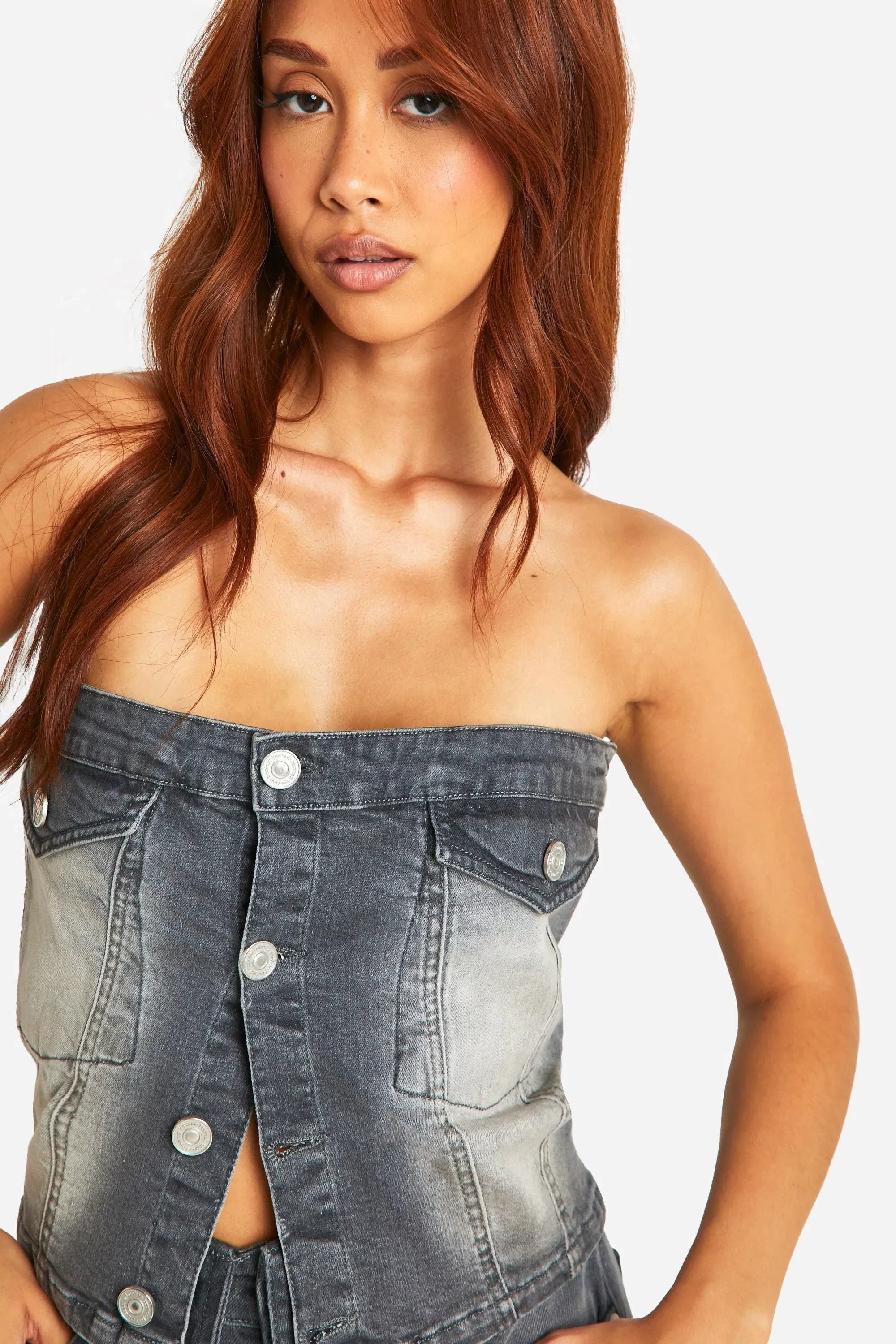 Washed Grey Stretch Denim Button Detail Bandeau Top