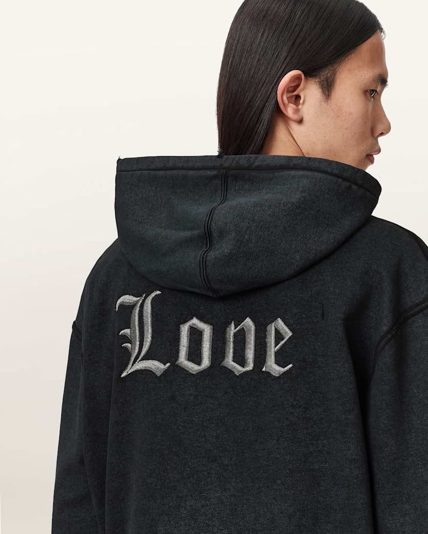 AllSaints Utopia Embroidered Boxy Hoodie Washed Black