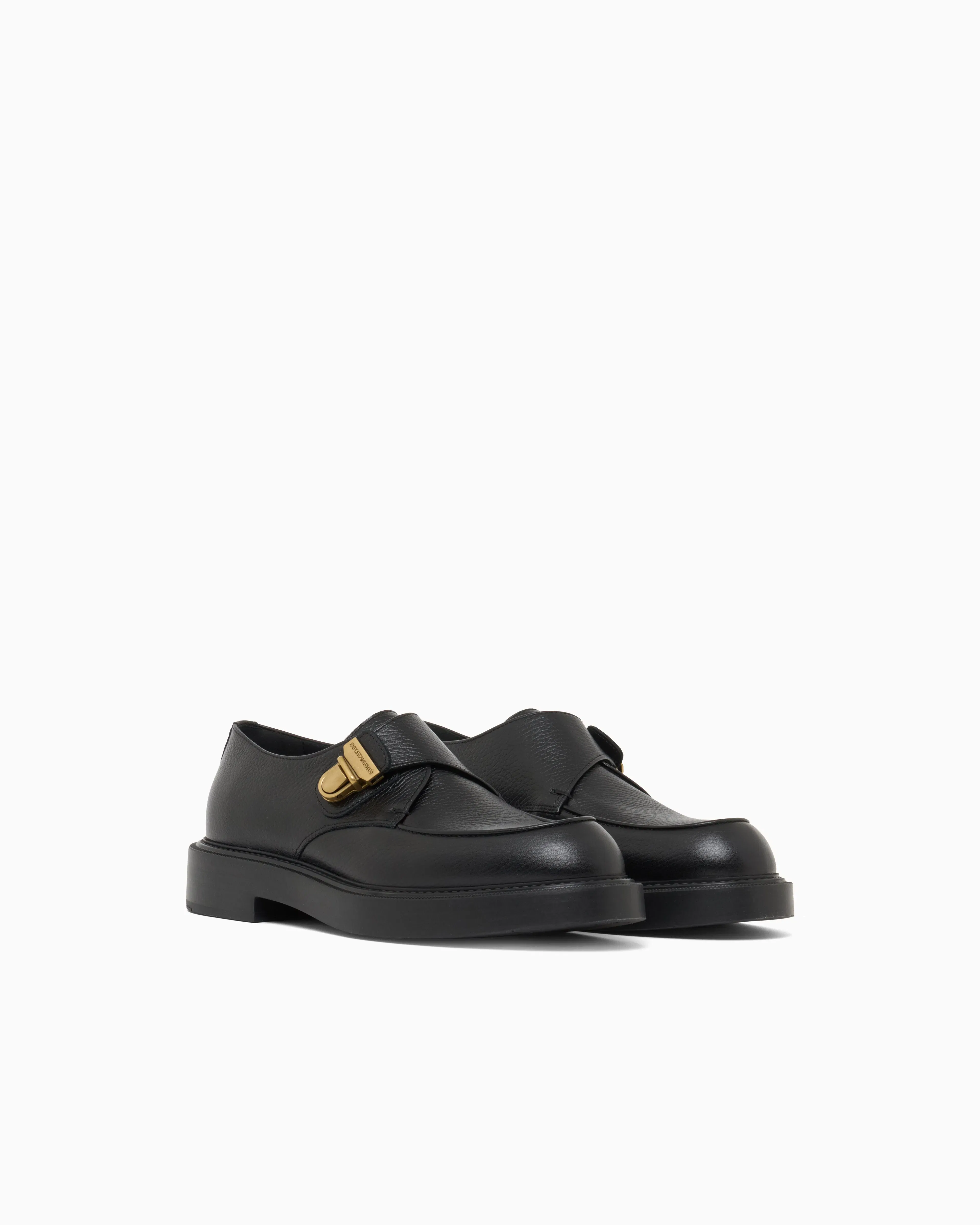 Emporio Armani Icon Pebbled Leather Chunky Monk Straps Black
