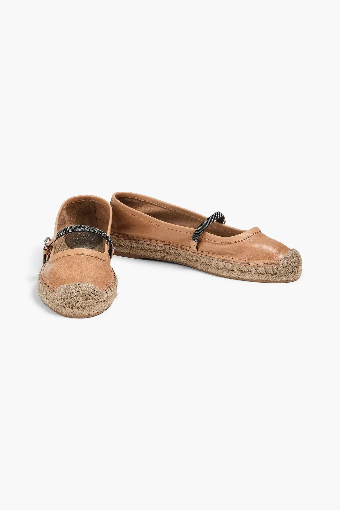 Brunello Cucinelli Bead-Embellished Leather Espadrilles Tan Women's
