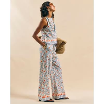 Blue Printed Linen Blend Trousers