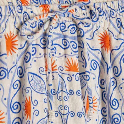 Blue Printed Linen Blend Trousers