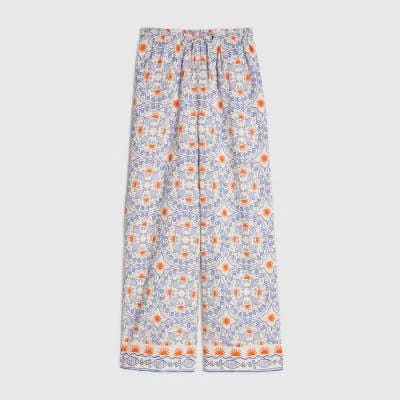 Blue Printed Linen Blend Trousers