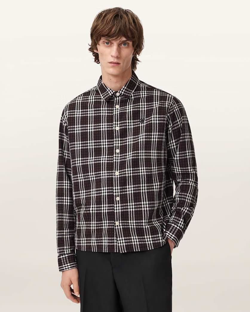 AllSaints Santiago Long Sleeved Check Shirt Brown