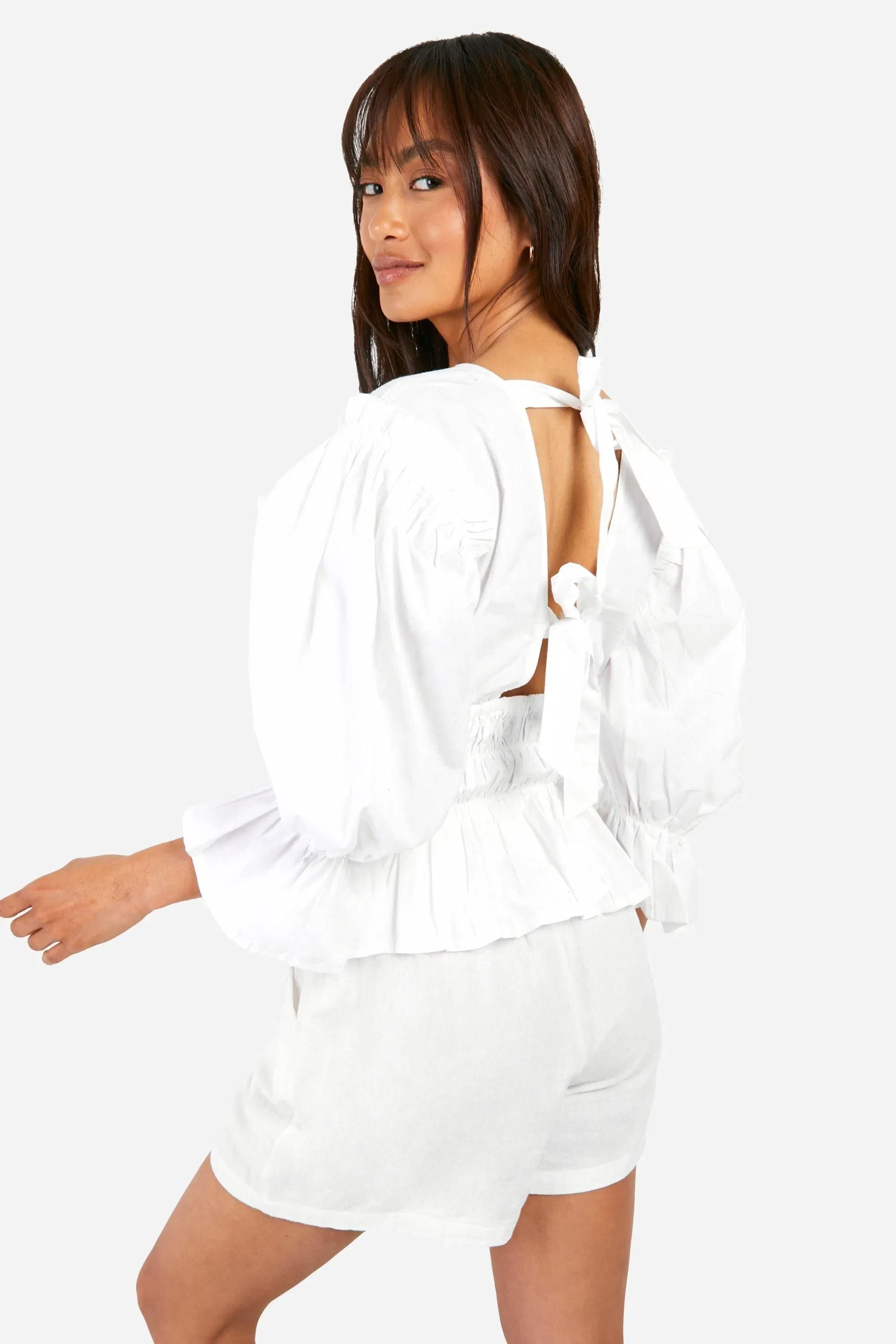 Volume Sleeve Tie Back Cotton Poplin Top