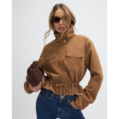 Beige Funnel Neck Drawstring Jacket