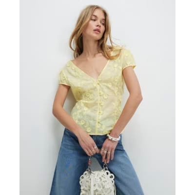 Yellow 3D Floral Embellished Blouse