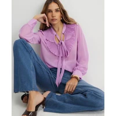 Purple Tie Neck Long Sleeve Blouse