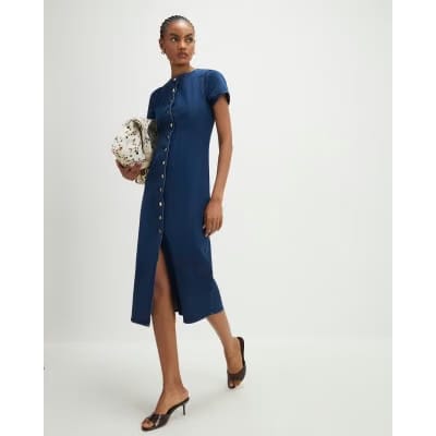Blue Denim Button Cap Sleeve Midi Dress