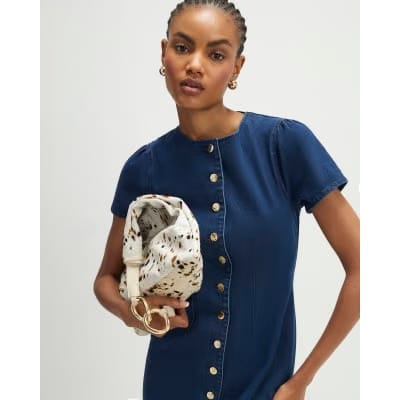 Blue Denim Button Cap Sleeve Midi Dress