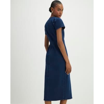 Blue Denim Button Cap Sleeve Midi Dress