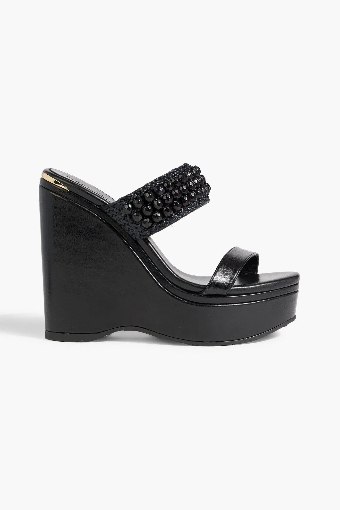 Jimmy Choo Amoure 130 Bead-Embellished Raffia And Leather Wedge Sandals Black Women's