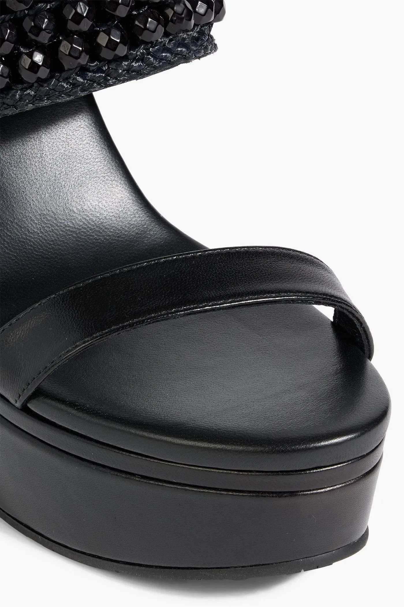Jimmy Choo Amoure 130 Bead-Embellished Raffia And Leather Wedge Sandals Black Women's