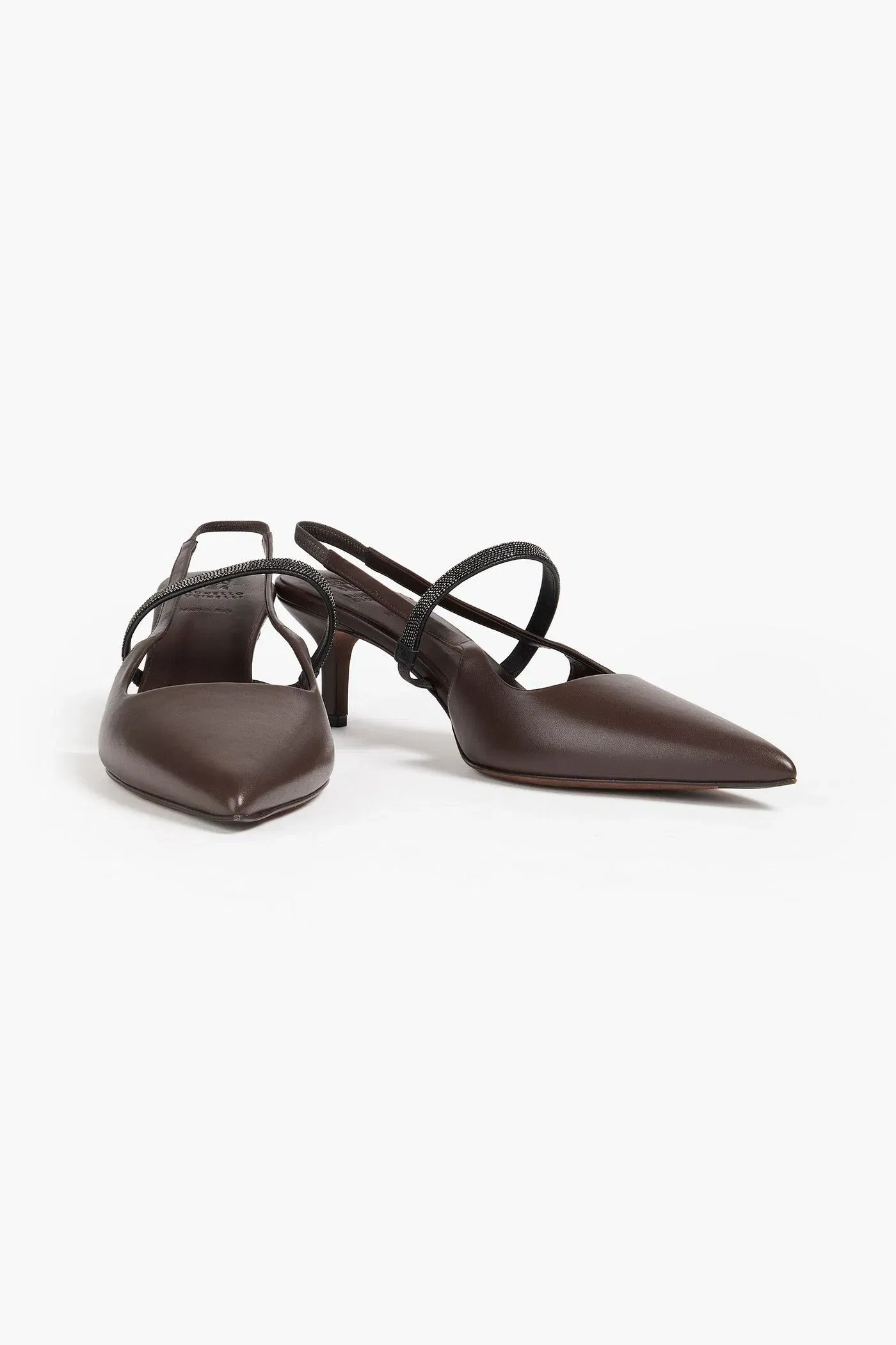 Brunello Cucinelli Bead-Embellished Leather Slingback Pumps Chocolate Women's